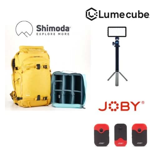 Shimoda Action X30 v2, Lume Cube Broadcast Lighting Kit, Joby Wavo Air Microphone