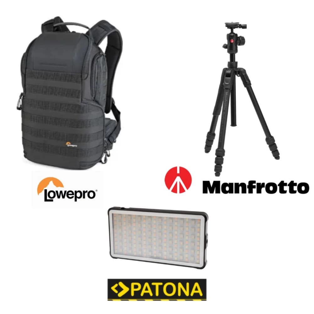 Patona Videolight, Lowepro ProTactic BP, Manfrotto Befree Advanced tripod