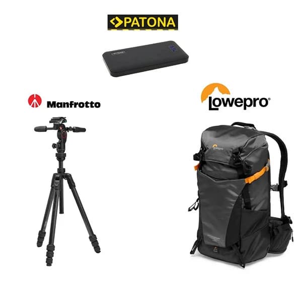 Lowepro Photosport BP, Manfrotto Tripod, Patona Powerbank Set