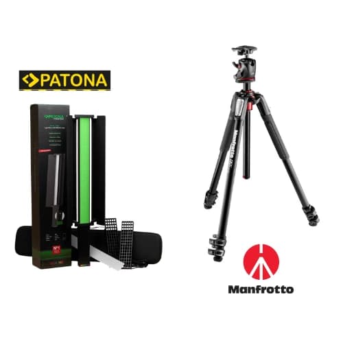 Manfrotto 055XPRO Alu Tripod w/BH, Patona LED Schwertleuchte mit App