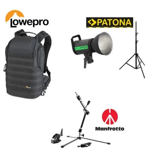 Manfrotto Magic Arm kit, Lowepro ProTactic BP, Patona Premium LED, Patona light stand